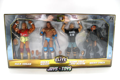 WWE Elite 60th Anniversary 4-Pack Box Front — Hulk Hogan, Rocky Maivia, Stone Cold Steve Austin & Becky Lynch Figures