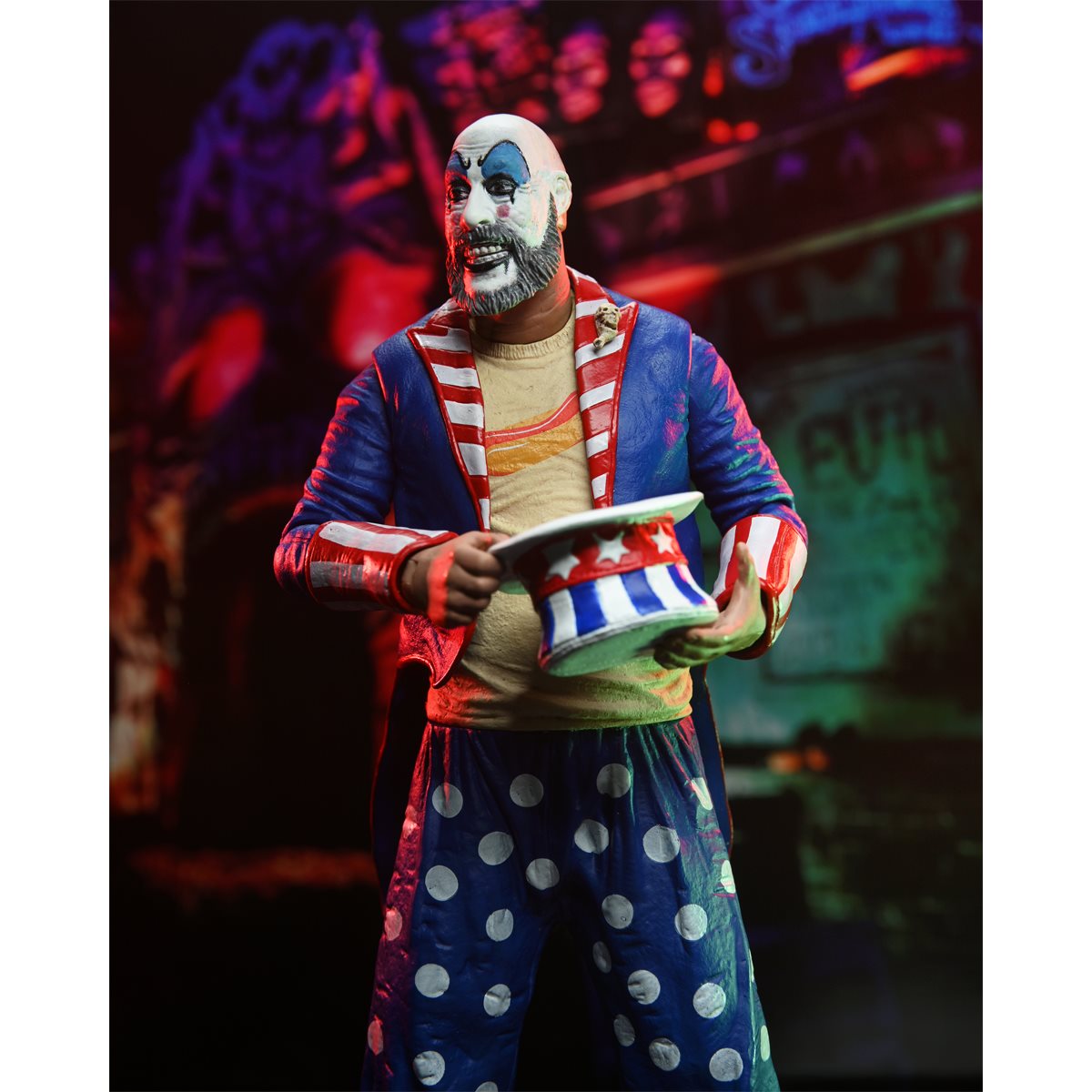 Captain Spaulding House of 1000 Corpses NECA 7-Inch Figure — Front View Holding Hat with Carnival Background