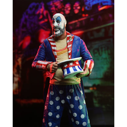 Captain Spaulding House of 1000 Corpses NECA 7-Inch Figure — Front View Holding Hat with Carnival Background