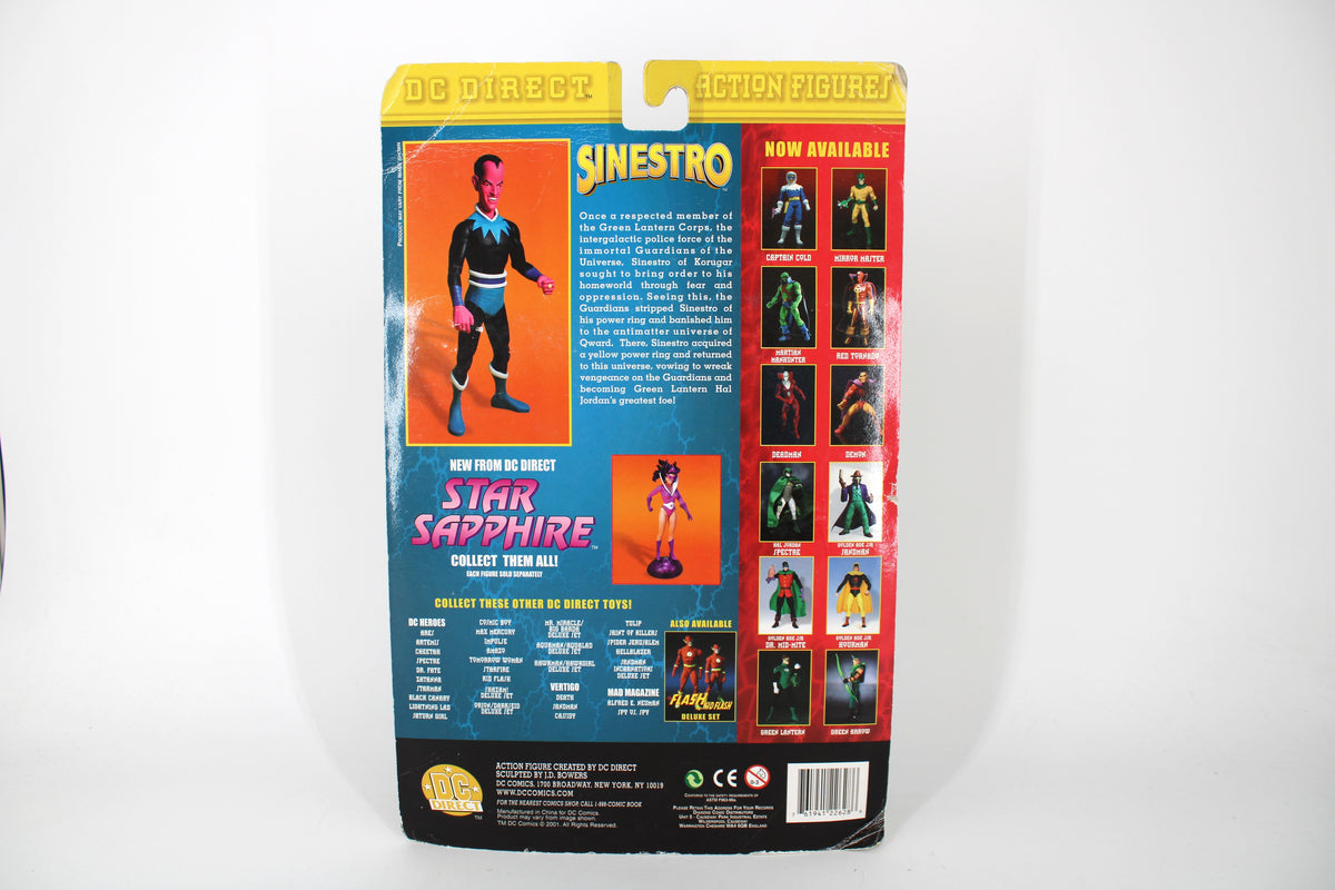 Sinestro DC Direct Green Lantern 2001 Figure — Card Back with Character Bio and Now Available Grid