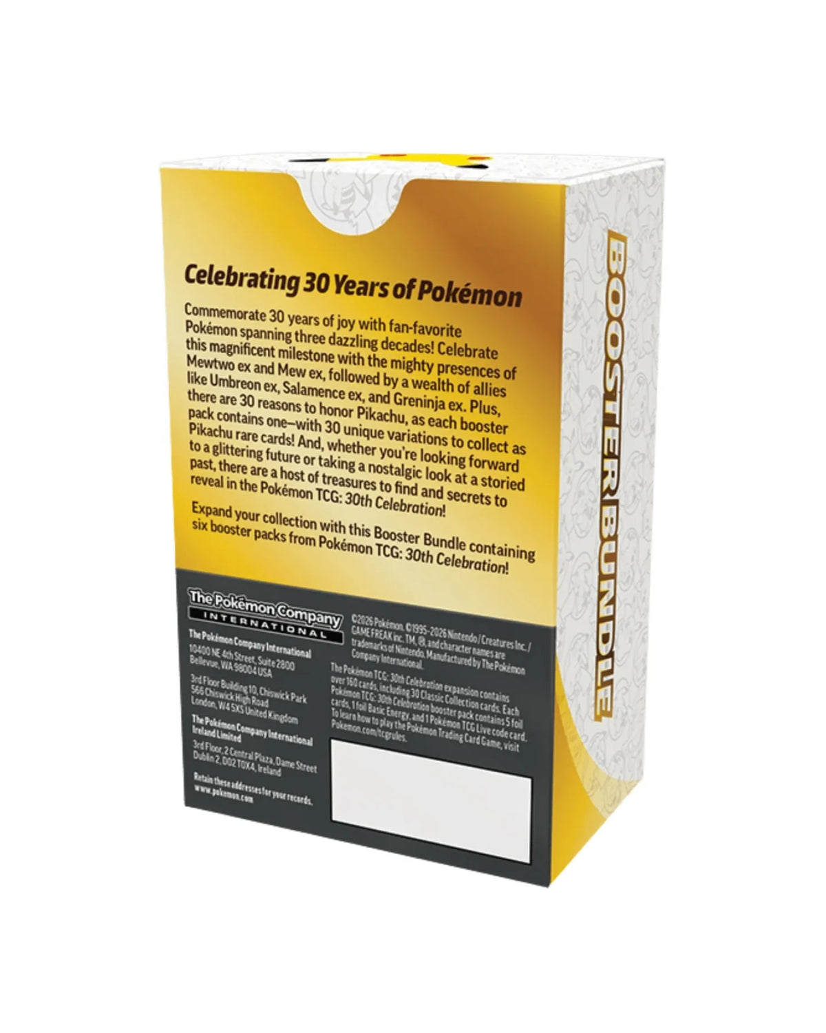 Pokemon TCG 30th Celebration Booster Bundle — Box Back with Set Description and Pack Contents Detail