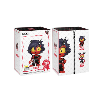Millie Helluva Boss Pix! Vinyl Figure — Box Front and Box Side Showing Millie Hero and Moxxie Chase Lineup