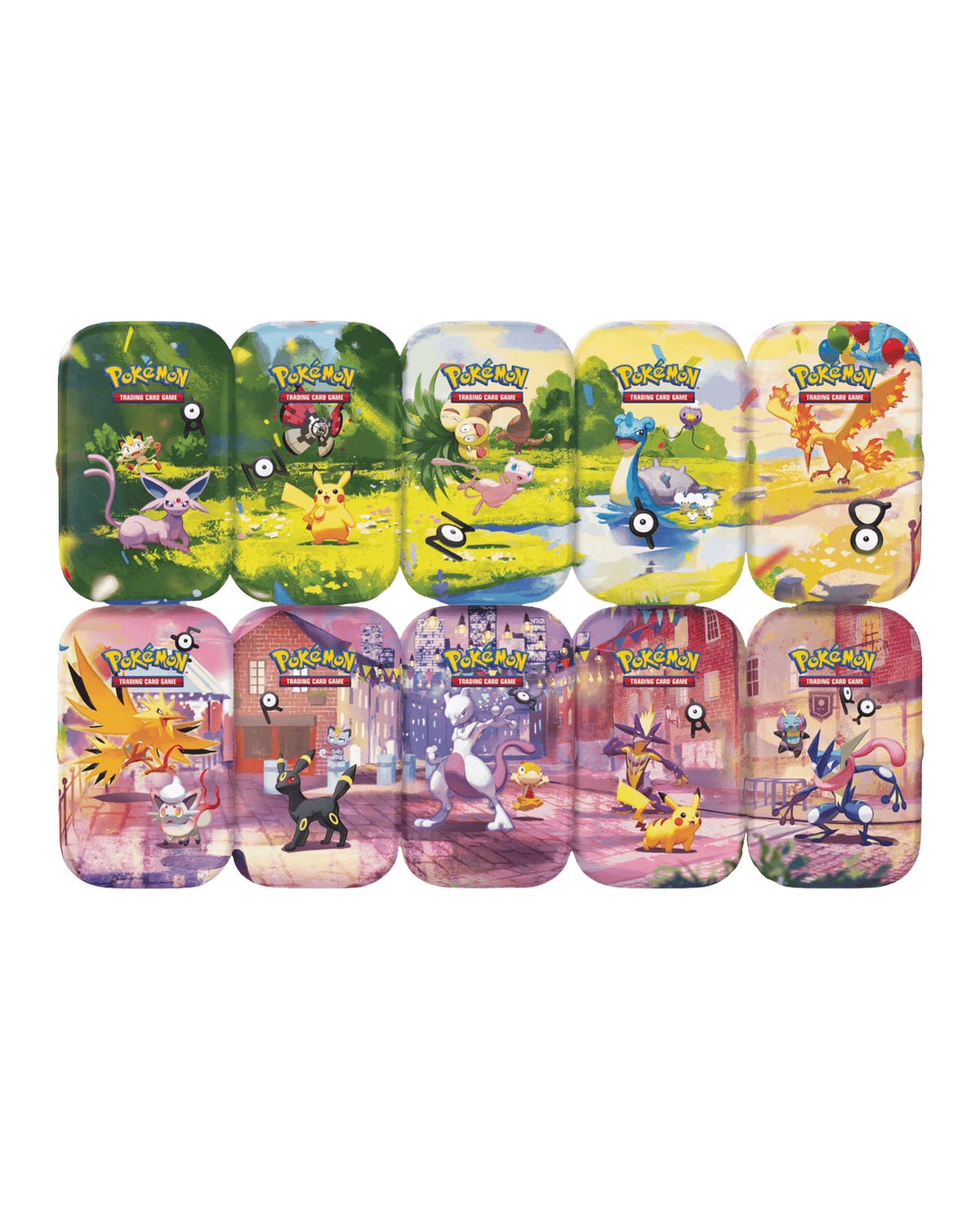 Pokemon TCG 30th Celebration Mini Tin Display — All 10 Mini Tins Laid Out Showing Full Artwork Collection