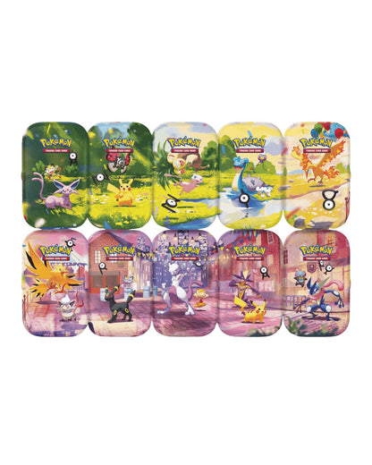 Pokemon TCG 30th Celebration Mini Tin Display — All 10 Mini Tins Laid Out Showing Full Artwork Collection
