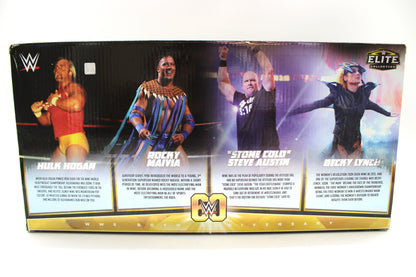 WWE Elite 60th Anniversary 4-Pack Box Back — Character Biography Panels for All Four Superstars