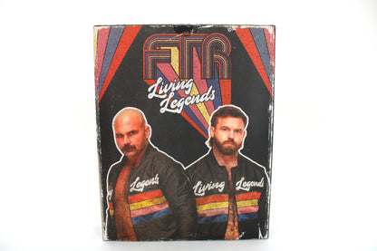 FTR Living Legends 2-Pack Jazwares Vault 2024 — Back of Outer Slipcase with Retro Stripe Artwork and Photo of Cash Wheeler and Dax Harwood