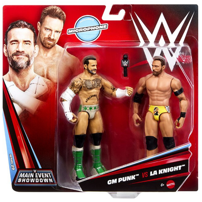 CM Punk vs LA Knight WWE Main Event Showdown Series 29 2-Pack — Package Front with Microphone Accessory Shown