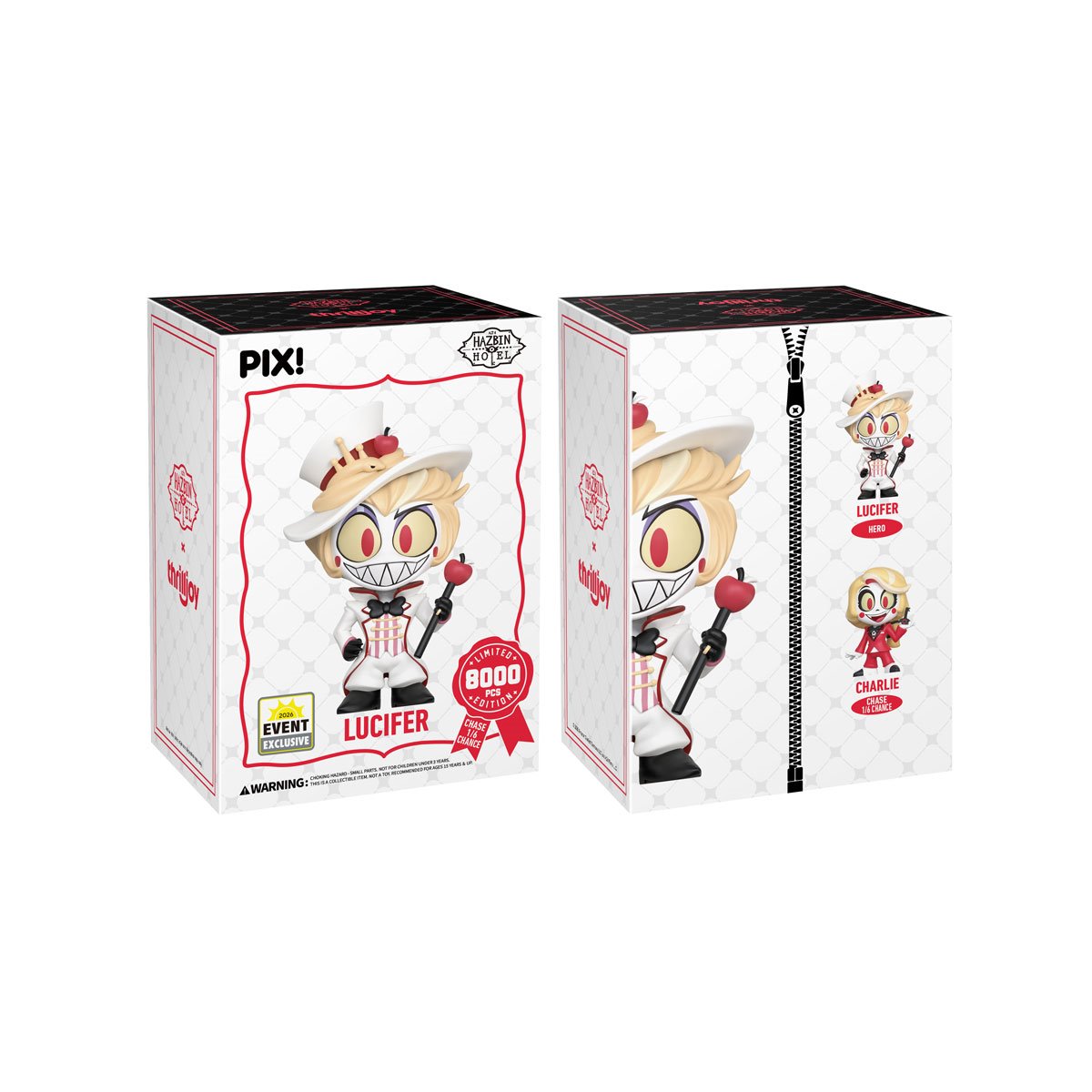 Lucifer Hazbin Hotel Pix! Vinyl Figure — Box Front and Side View Showing 8000-Piece Limited Edition Stamp and Chase Odds