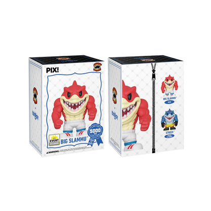 Big Slammu Street Sharks Pix! Vinyl Figure — Box Front and Box Back Showing Big Slammu Hero and Streex Chase Variants