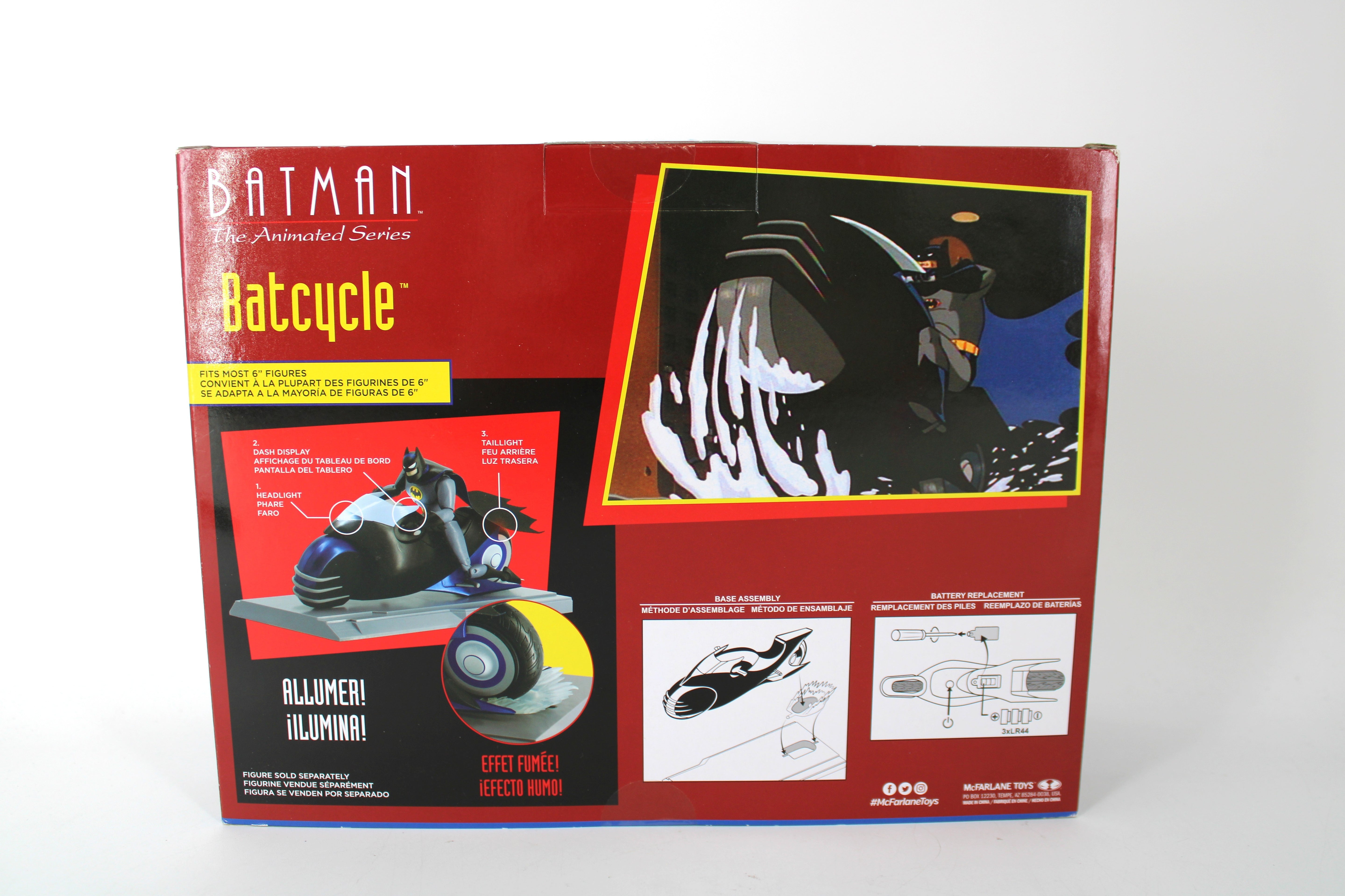 Batcycle Batman Animated Series McFarlane Vehicle — Box Back with Feature Diagram and Trilingual Text