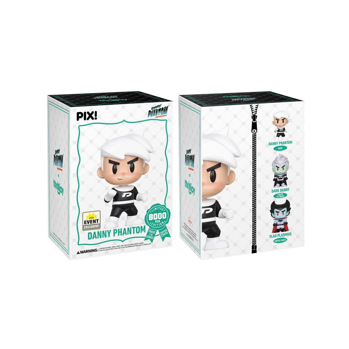 Danny Phantom Pix! Vinyl Figure 2026 Exclusive — Box Front and Box Side with Chase Variant Guide