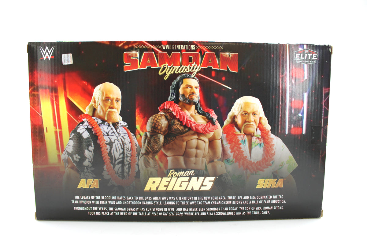 WWE Generations Samoan Dynasty Elite 3-Pack — Box Back with Figure Portraits and Bloodline Story Copy