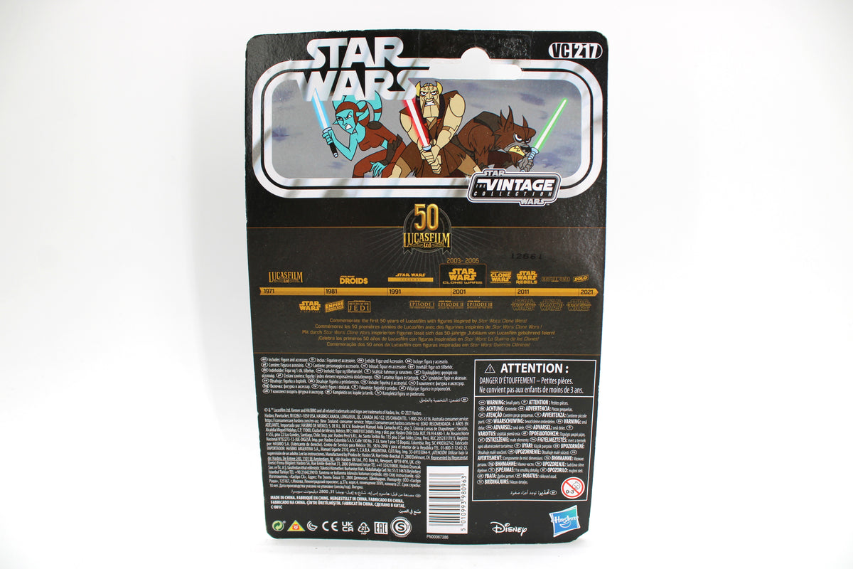 Aayla Secura Vintage Collection VC217 — Card Back with 50th Lucasfilm Anniversary Timeline