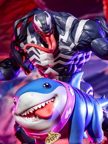 Venom and Jeff the Land Shark Marvel Legends Two-Pack — Close-Up Portrait of Both Figures Together