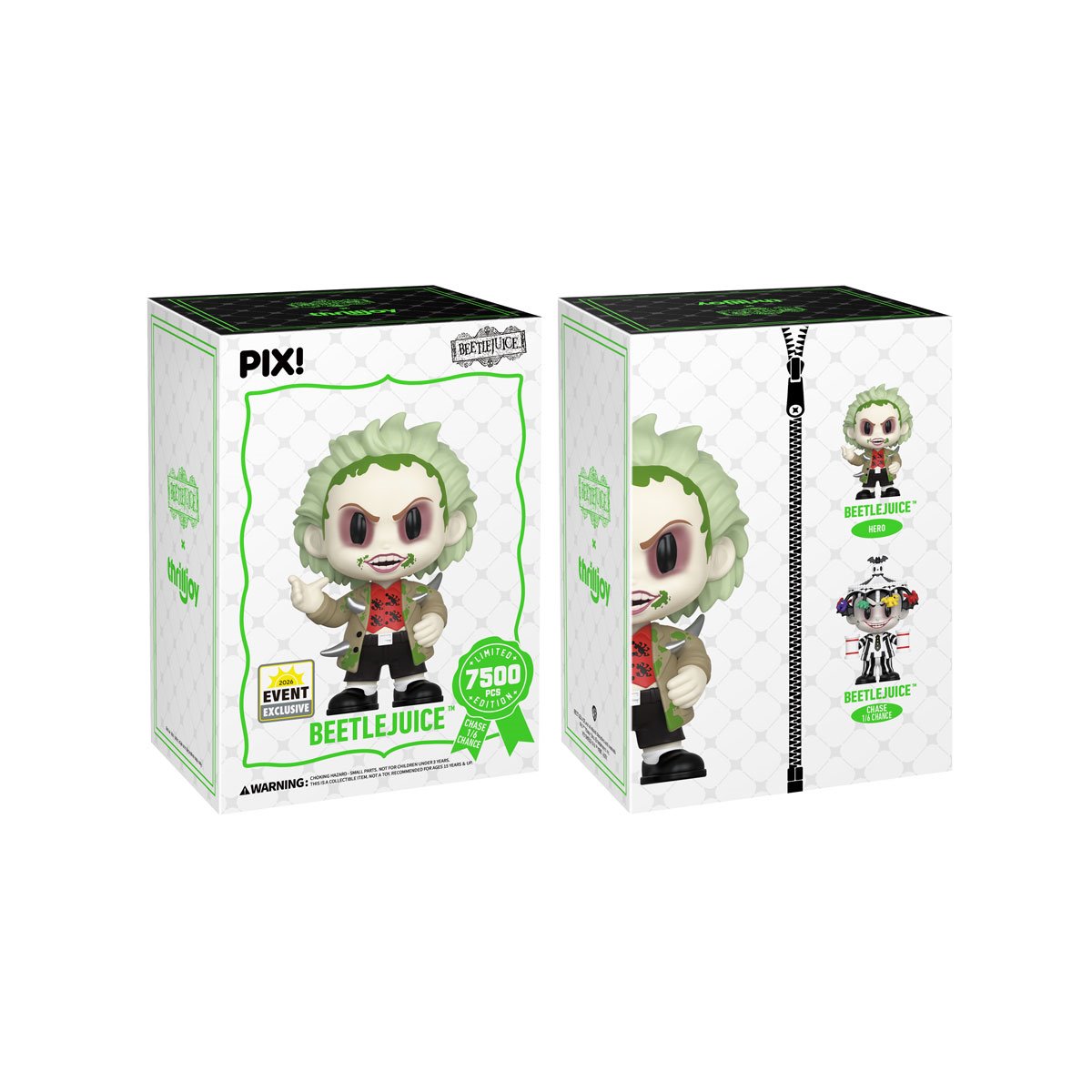 Beetlejuice Spike Pix! Vinyl Figure — Box Front and Box Back Showing Hero and Chase Variant Artwork