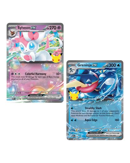 Sylveon ex 270 HP and Greninja ex 300 HP Pokemon TCG 30th Celebration — Foil Promo Card Detail