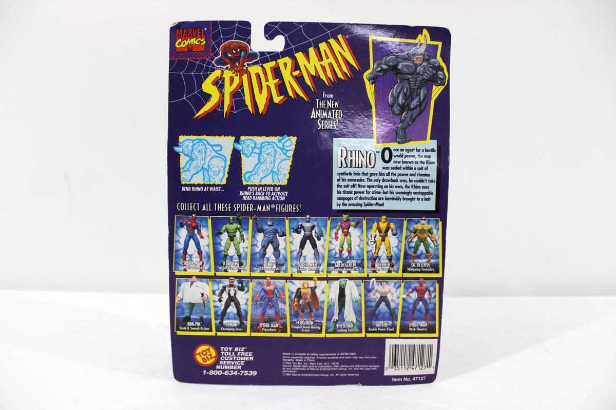 Rhino Spider-Man Animated Series 1994 Toy Biz — Card Back with Checklist and Character Bio