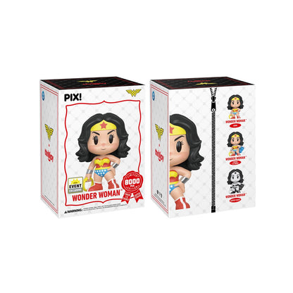 Wonder Woman DC Pix! Vinyl Figure 2026 Convention Exclusive — Box Front and Box Side showing all three variant pull odds