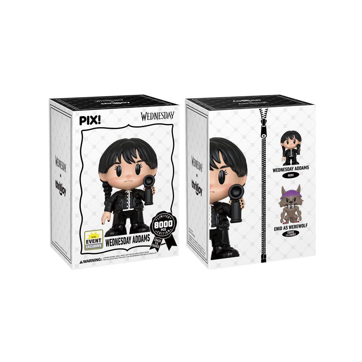 Wednesday Addams Pix! Vinyl Figure — Box Front and Box Side Showing Hero and Chase Variants