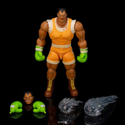 Balrog Ultra Street Fighter II 6-Inch Figure — Front View with Accessories Included: Alternate Head, Interchangeable Hands, and Punch Effect Pieces