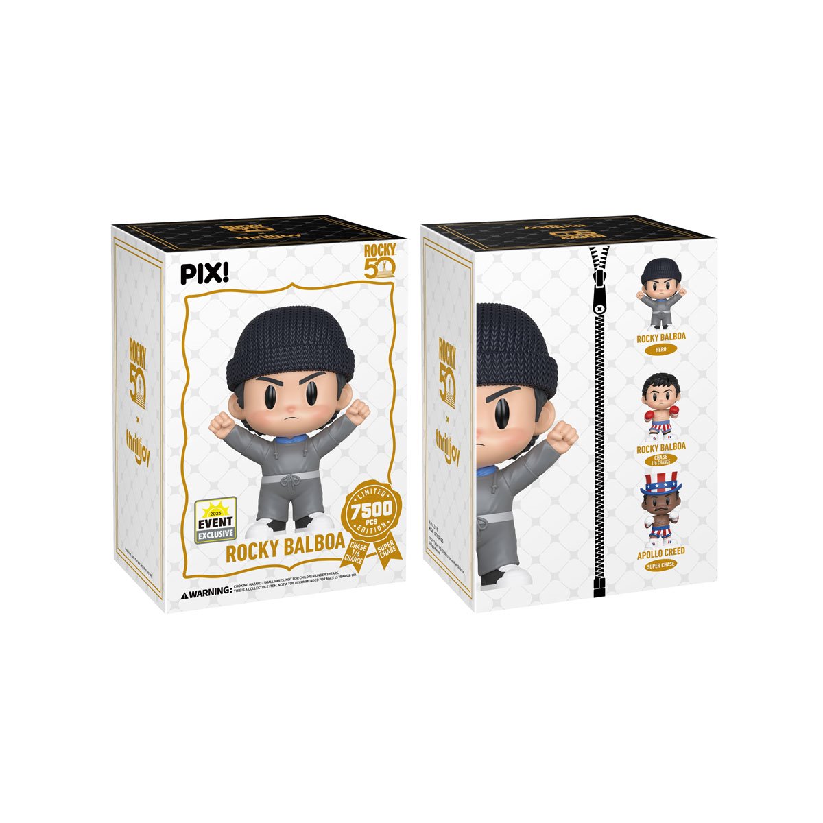 Rocky Balboa Pix! Vinyl Figure 2026 Convention Exclusive — Box Front and Box Side Showing All Three Variant Odds