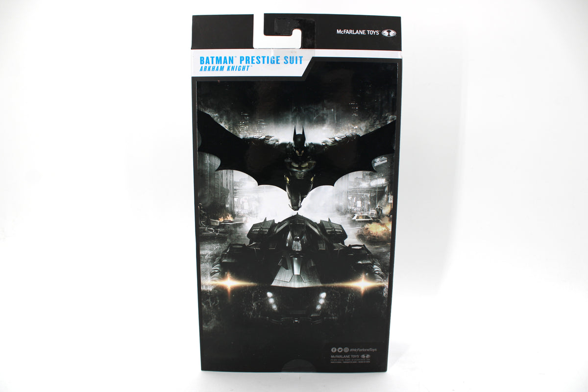 Batman Prestige Suit DC Multiverse 7-Inch Figure — Box Back View with Arkham Knight Key Art