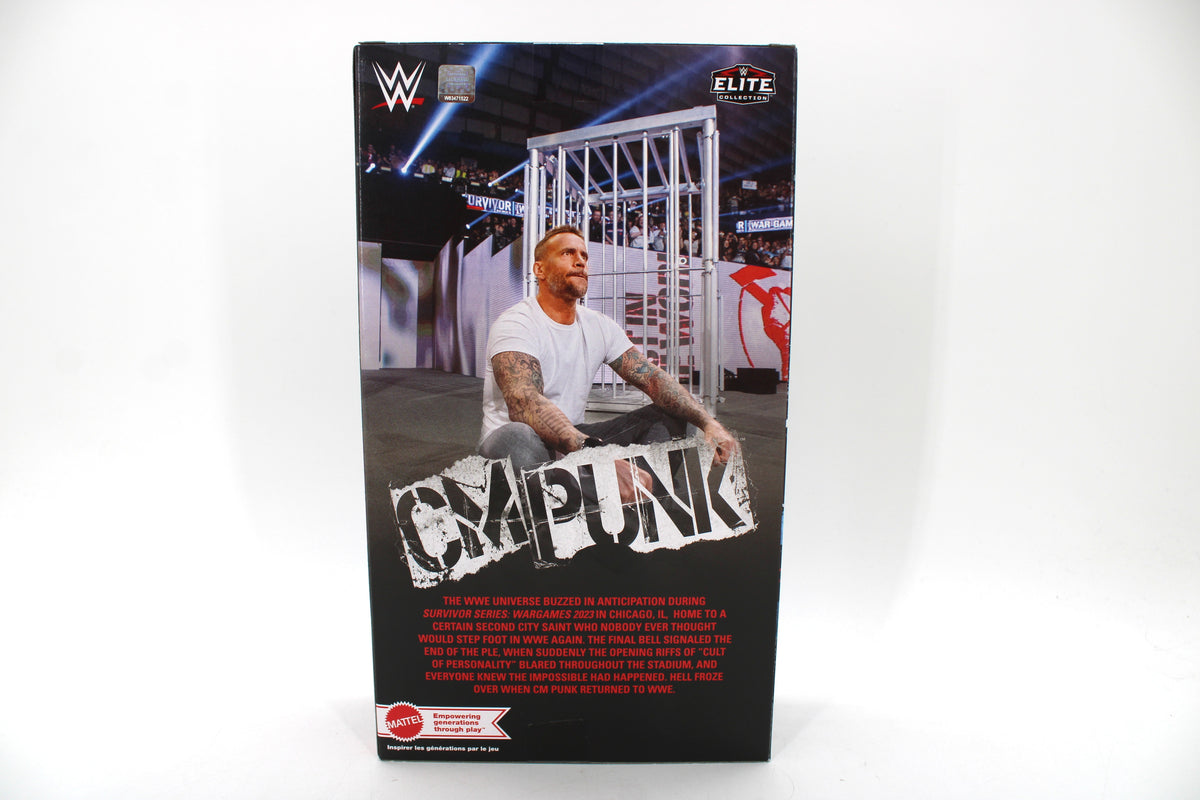 CM Punk WWE Elite Collection Mattel Creations Exclusive Figure — Box Back with WarGames Cage Photo