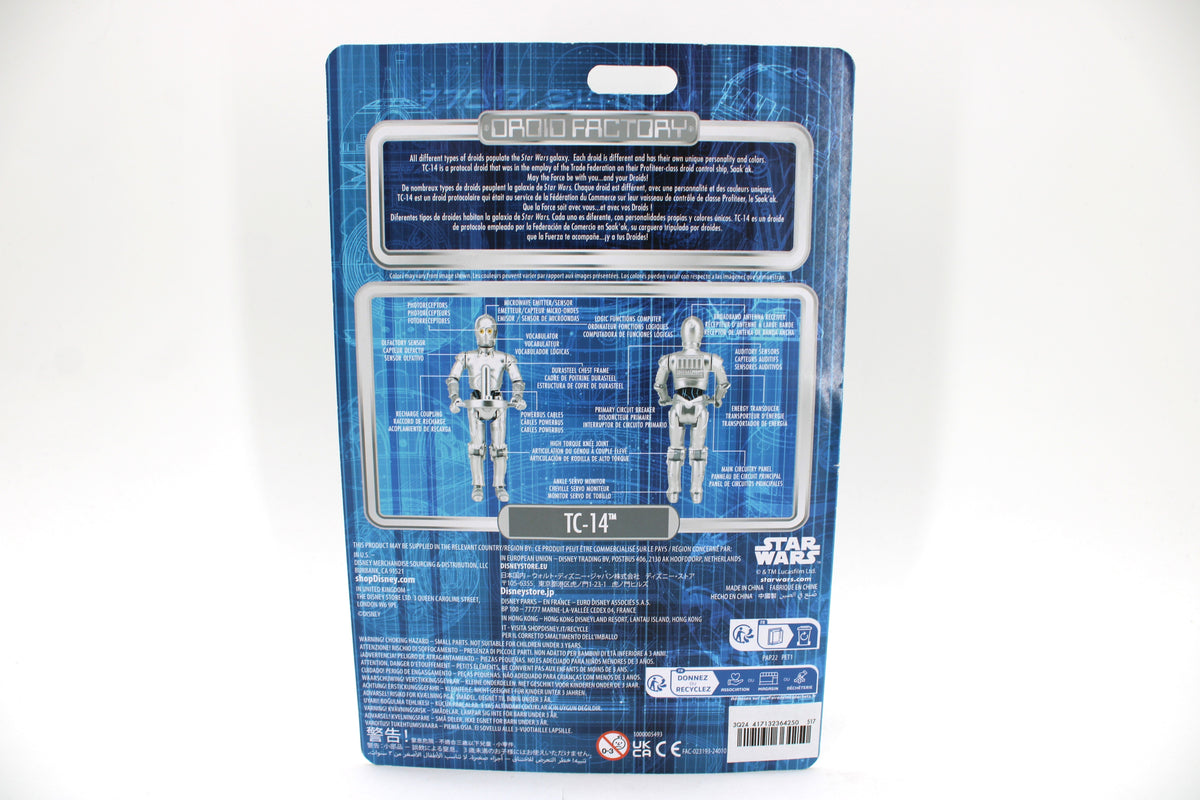 TC-14 Star Wars Droid Factory 3.75-Inch Carded Figure — Card Back with Trilingual Technical Diagram