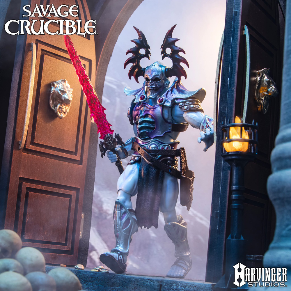 Naraka the Undying Savage Crucible 6-Inch Figure — Atmospheric Front View with Red Sword in Doorway