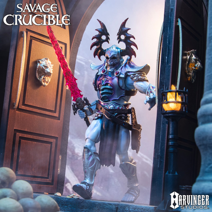 Naraka the Undying Savage Crucible 6-Inch Figure — Atmospheric Front View with Red Sword in Doorway