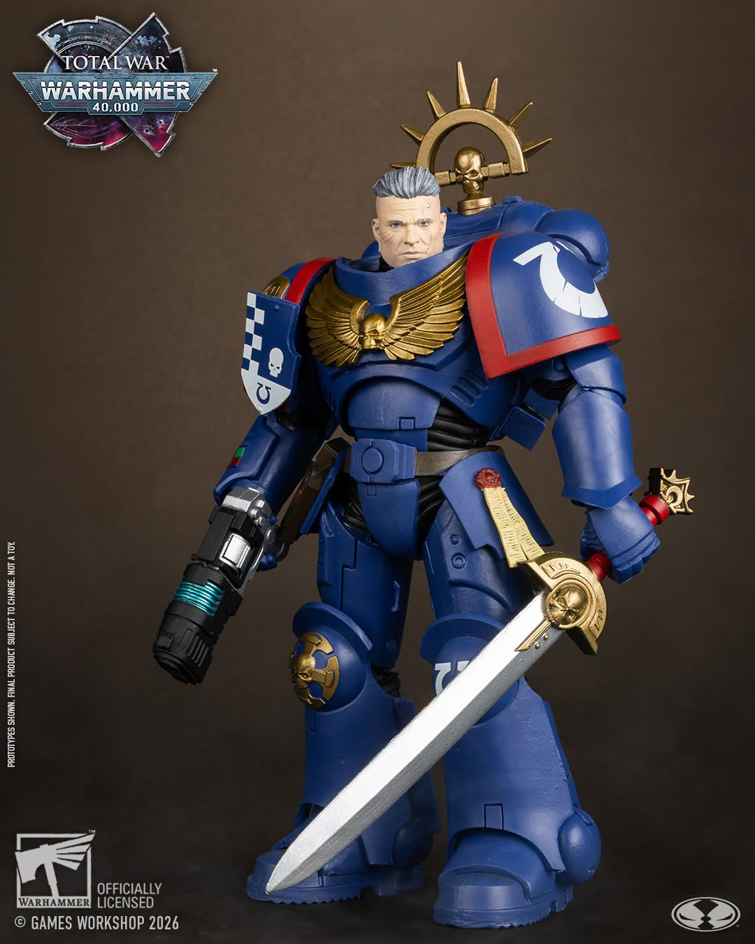 Ultramarines 3rd Company Lieutenant Warhammer 40K 7-Inch Figure — Front View with Total War Logo and Games Workshop Branding