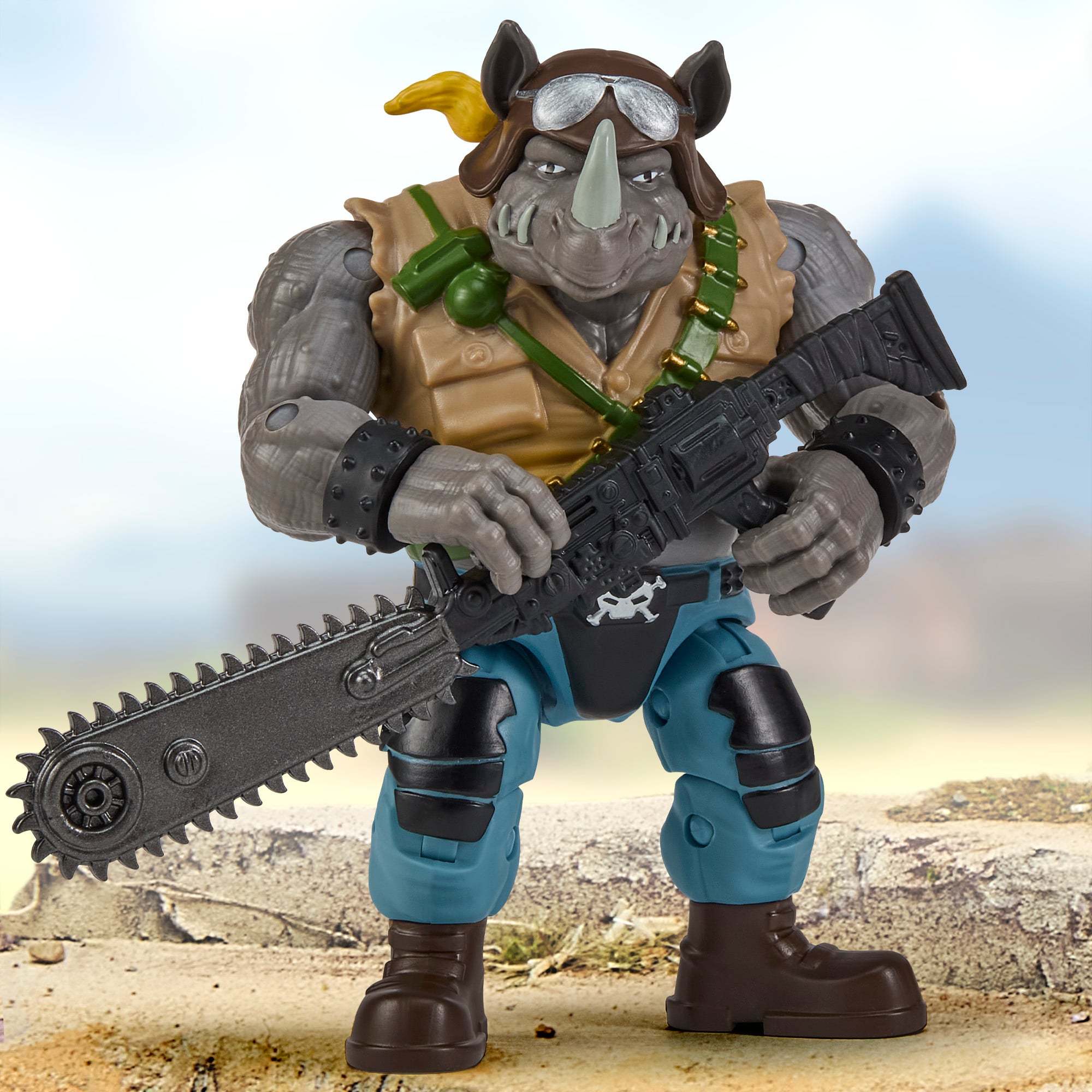 Rocksteady as Buzzer TMNT x GI Joe 4.75-Inch Figure — Front View Holding Chain Claw Rifle