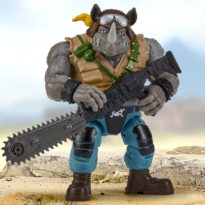 Rocksteady as Buzzer TMNT x GI Joe 4.75-Inch Figure — Front View Holding Chain Claw Rifle
