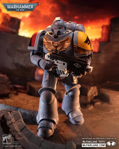 Space Wolves Grey Hunter Warhammer 40K 7-Inch Figure — Front View with Bolt Gun in Fiery Battle Scene