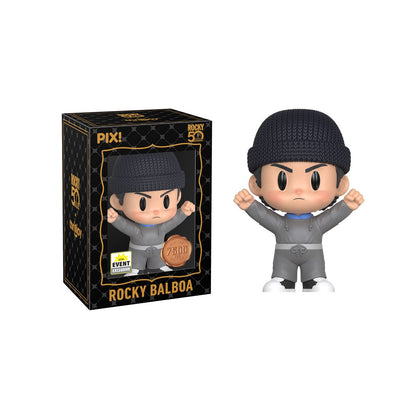 Rocky Balboa Pix! Vinyl Figure 2026 Convention Exclusive — Black Box Package Front with Figure Out of Box
