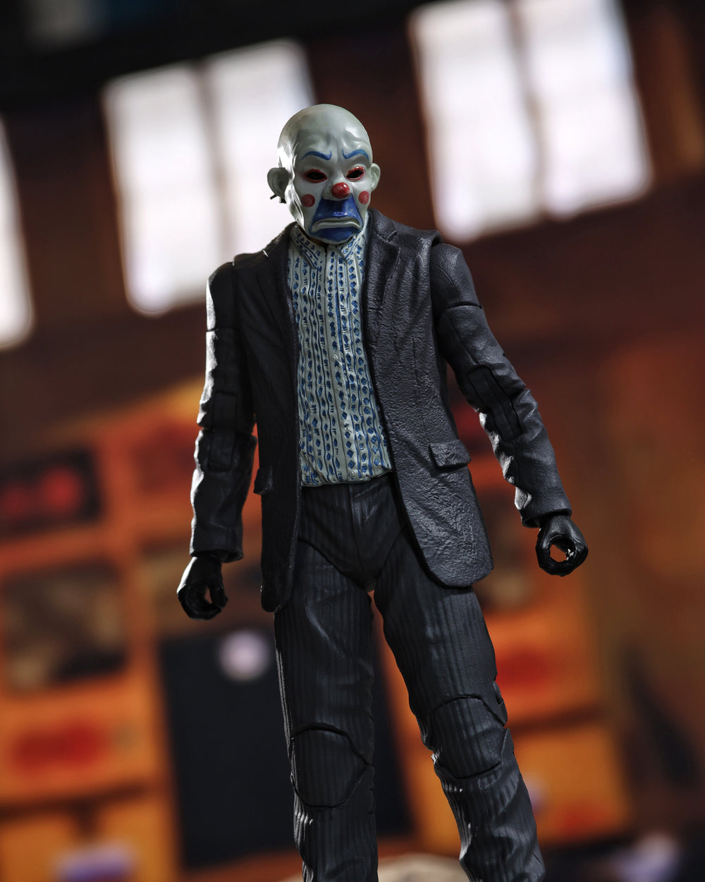 Joker Dark Knight DC Multiverse 7-Inch Figure — Clown Mask Head Front View in Atmospheric Bank Setting