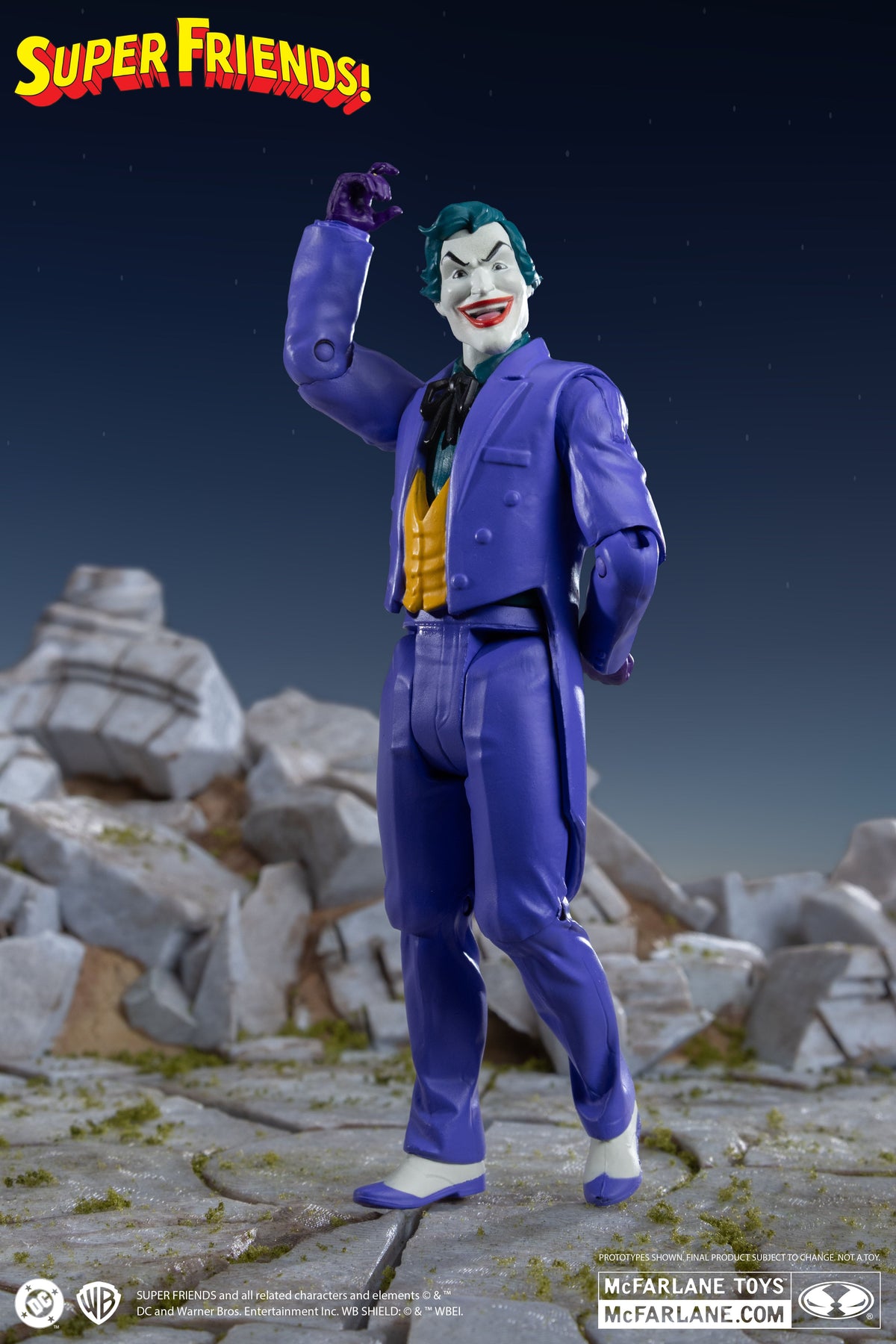 Joker DC Retro Super Friends 6-Inch Figure — Side View with Arm Raised Against Dark Sky