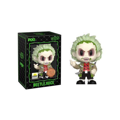Beetlejuice Spike Pix! Vinyl Figure — Black Box Package with Figure Out of Box Side by Side
