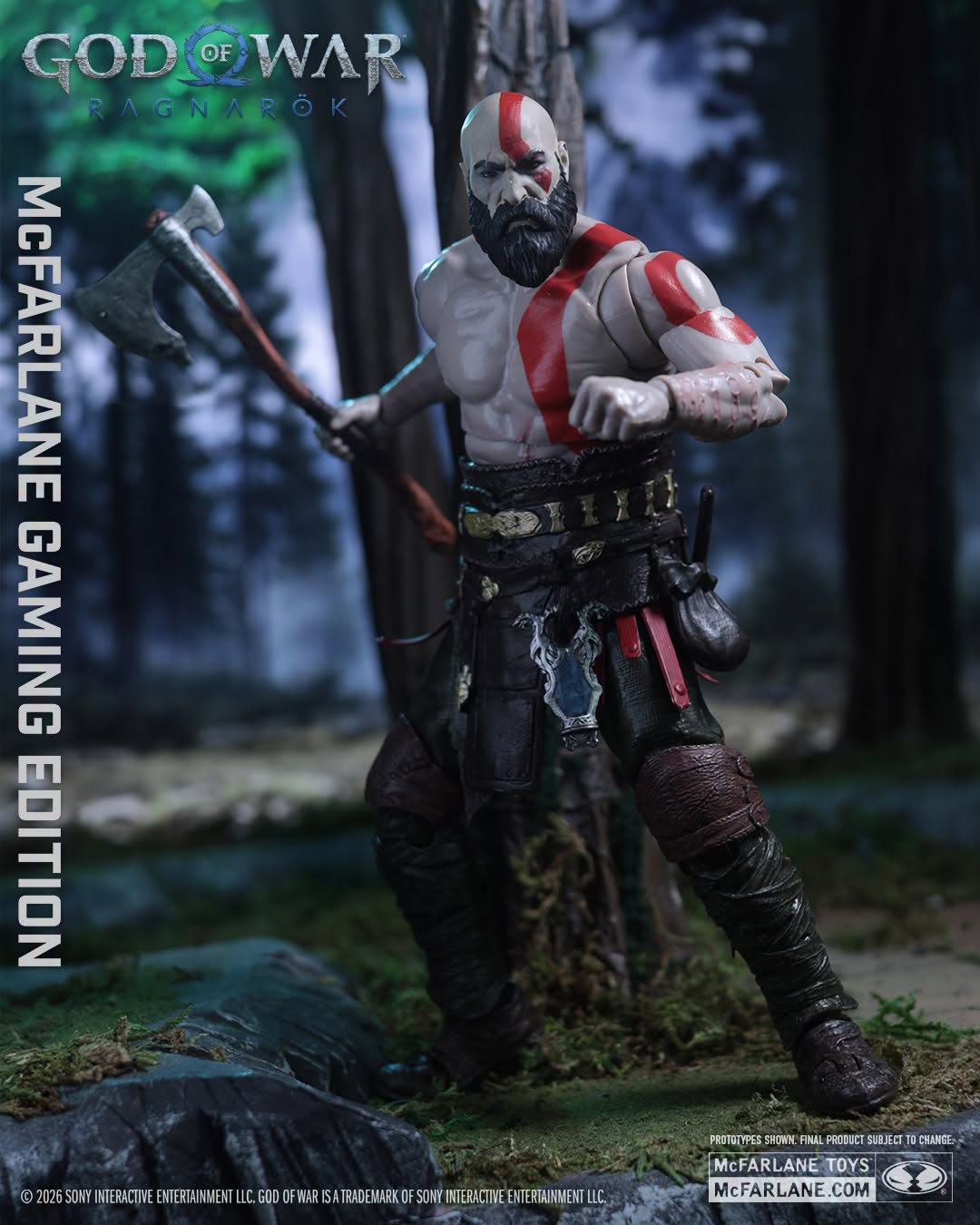 Kratos God of War Ragnarok McFarlane Gaming Edition 7-Inch Figure — Articulation Pose with Leviathan Axe in Forest Setting