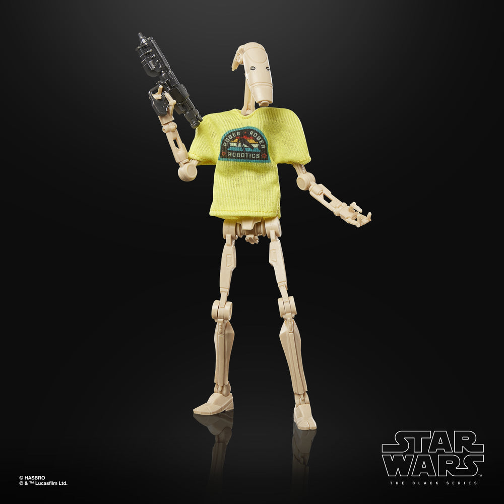 B1 Battle Droid Black Series 6-Inch Figure — Front View Wearing Roger Roger Robotics T-Shirt