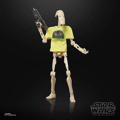 B1 Battle Droid Black Series 6-Inch Figure — Front View Wearing Roger Roger Robotics T-Shirt