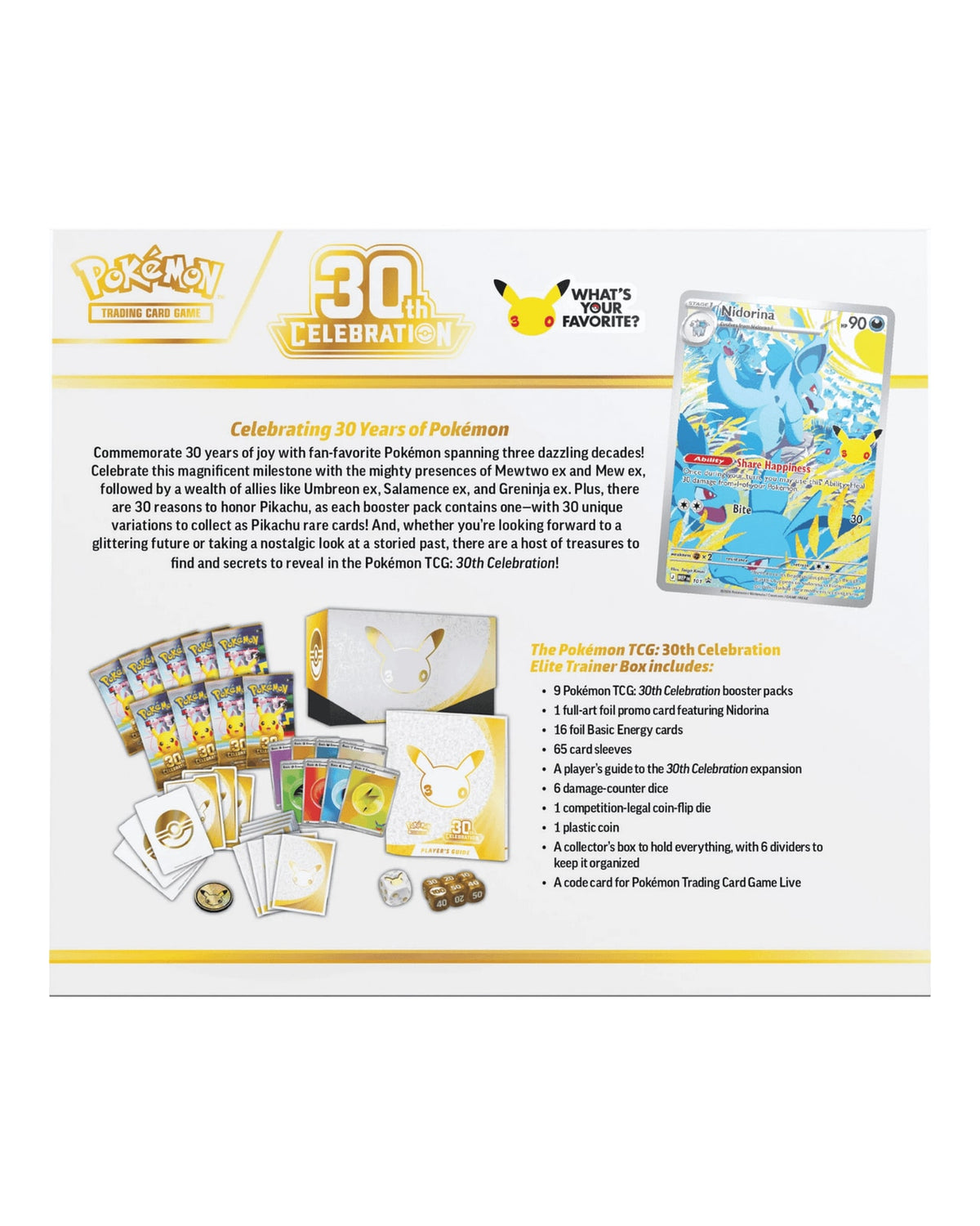 Pokemon TCG 30th Celebration Elite Trainer Box — Contents Display with Booster Packs and Accessories