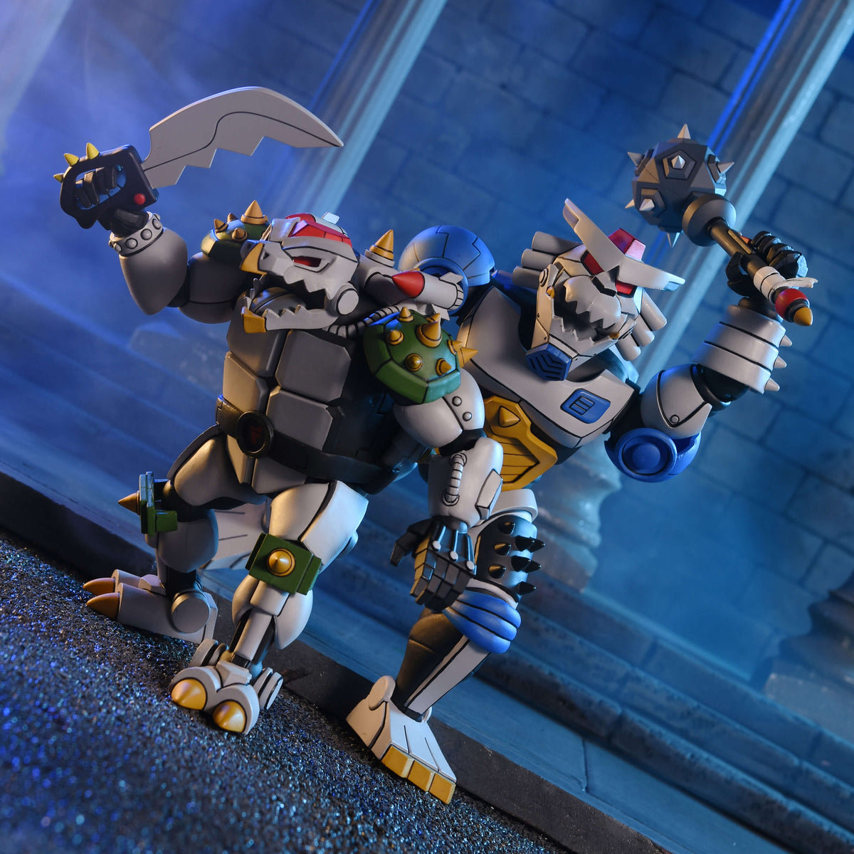 Robo Tokka & Robo Rahzar TMNT 1987 7-Inch Two-Pack — Side View Dynamic Pose with Weapons Raised
