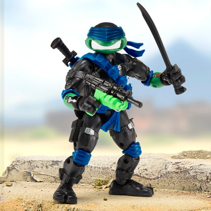 Leonardo as Snake Eyes TMNT x GI Joe 4.5-Inch Figure — Front View Holding Ooze-y Blaster and Katana