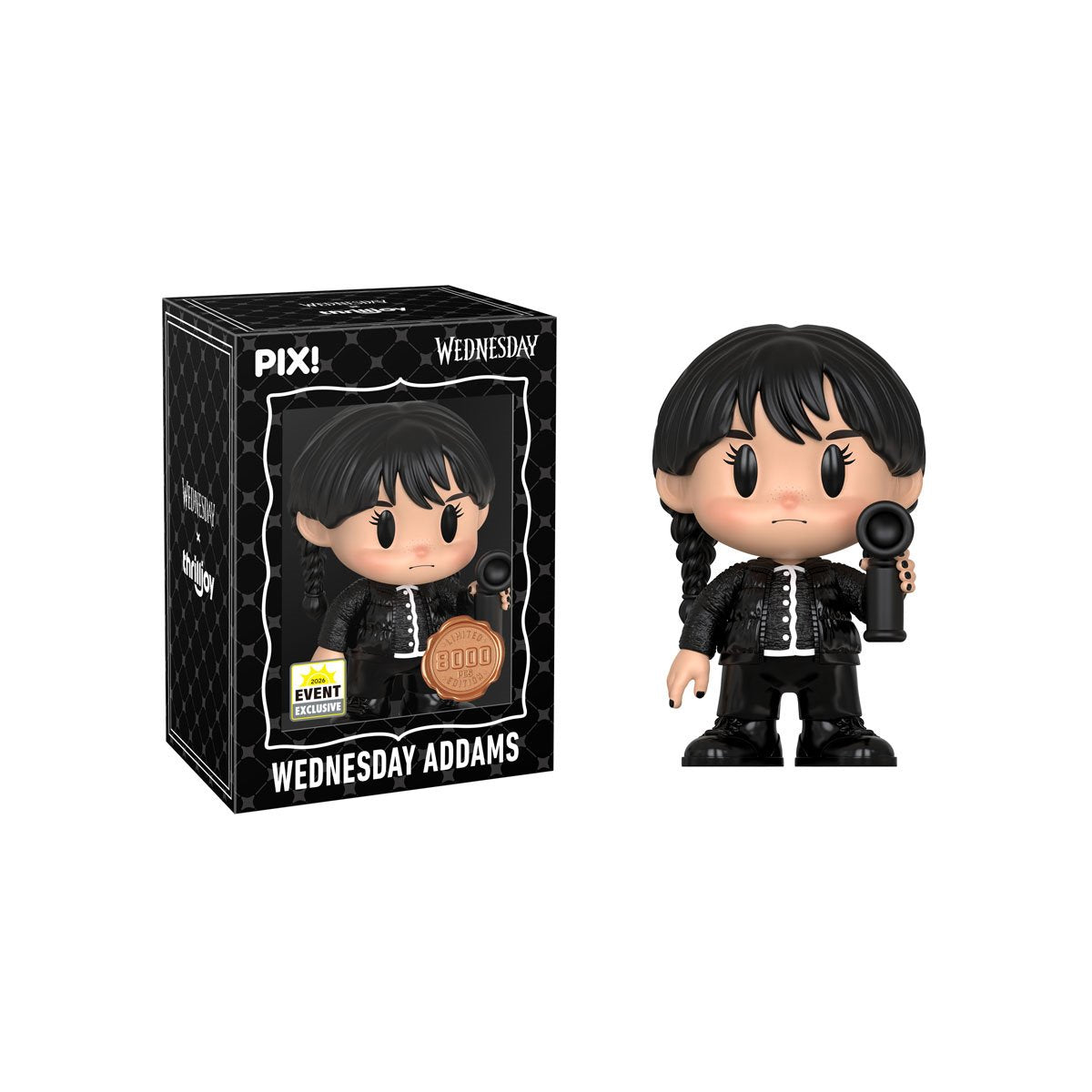 Wednesday Addams Pix! Vinyl Figure — Black Box Package with Figure Out of Box Side by Side