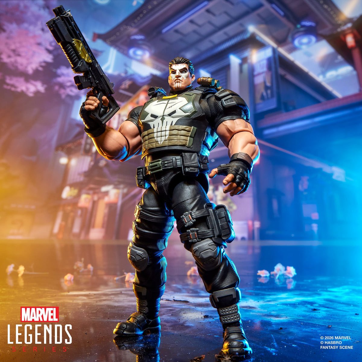 Punisher Marvel Legends 6-Inch Figure — Front View Holding Assault Rifle in Marvel Rivals Setting