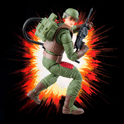 Flash G.I. Joe Classified Retro Collection 6-Inch Figure — Articulation Pose with Power Pack and Laser Rifle Against Explosion Background