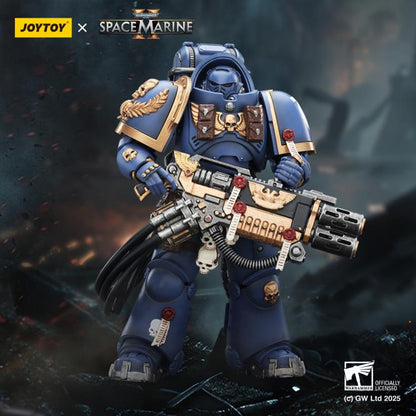 Ultramarines Heavy Artificer Armor Space Marine 2 JoyToy 1/18 Figure — Front View Full Body with Officially Licensed Branding