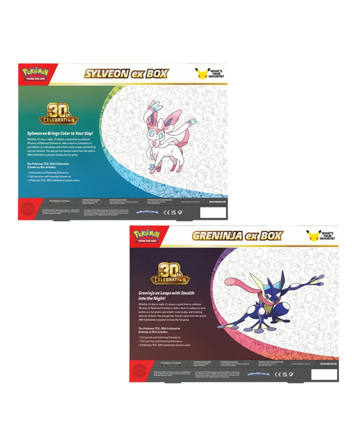 Sylveon ex Box and Greninja ex Box Pokemon TCG 30th Celebration — Box Back with Contents List