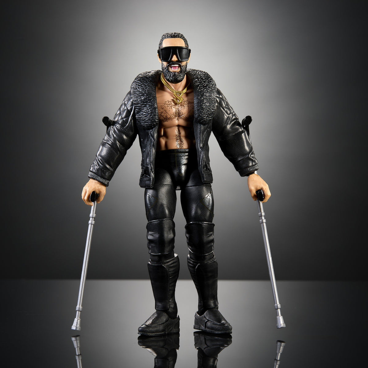 Seth Rollins WWE Elite Series 128 6-Inch Figure — Front View with Jacket, Sunglasses, and Crutches